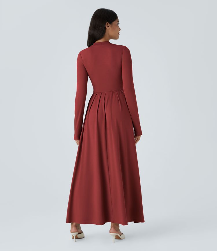 Mock-neck Long Sleeve Pocket Flare Maxi Casual Dress