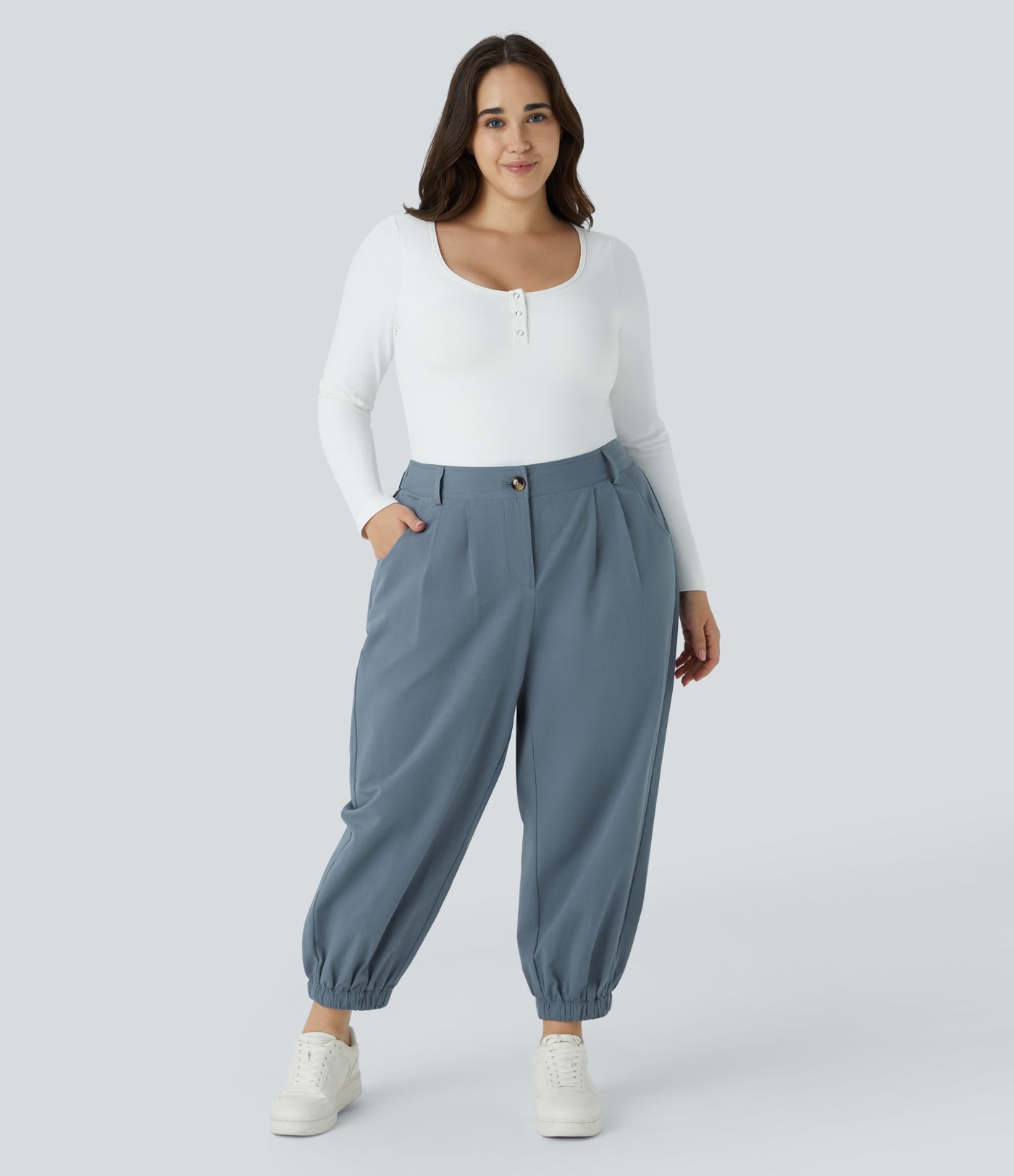 Mid Rise Button Zipper Side Pocket Casual Cotton Plus Size Joggers