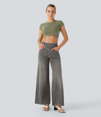 Halara Flex™ High Waisted Pockets Baggy Wide Leg Washed Casual Jeans