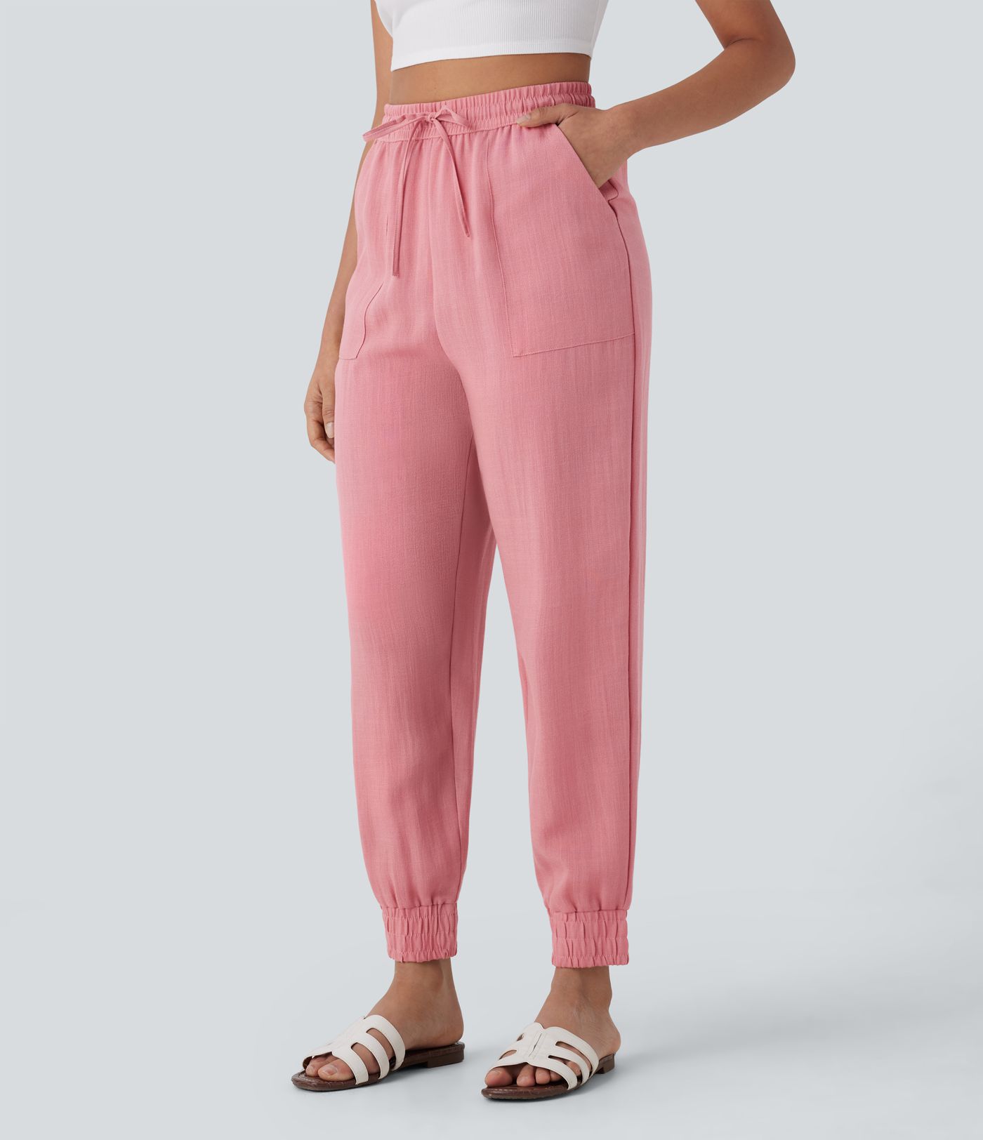 Lässige Jogger aus leinenähnlichem Material mit hohem Bund, Seitentaschen und Kordelzug