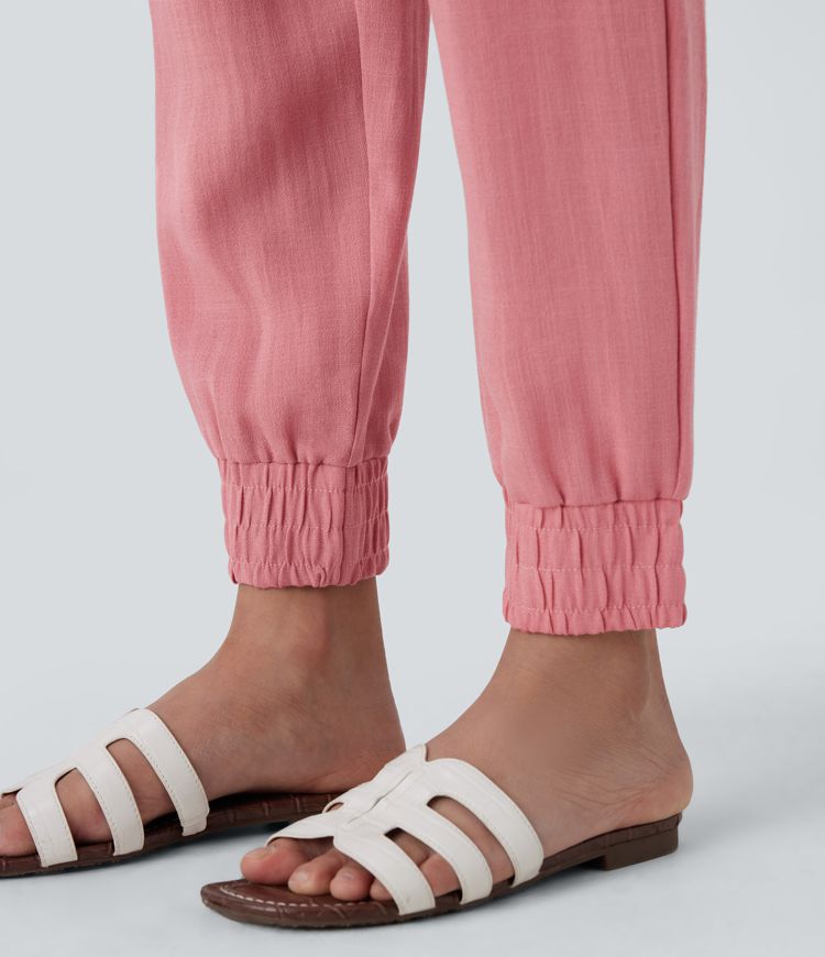 Lässige Jogger aus leinenähnlichem Material mit hohem Bund, Seitentaschen und Kordelzug