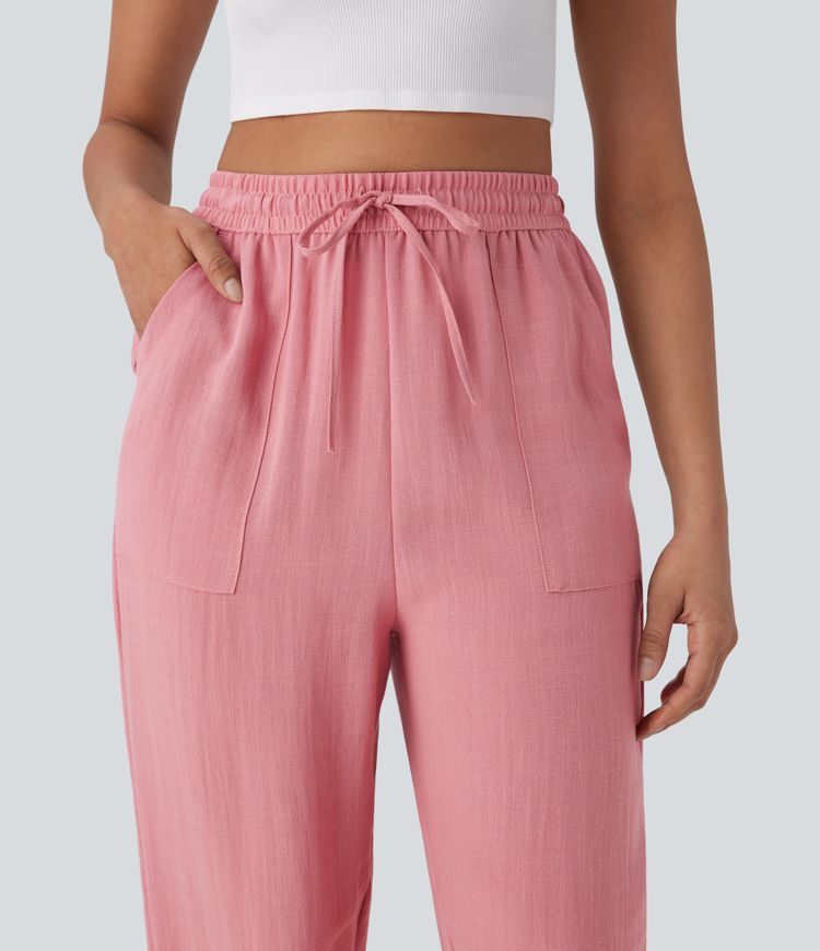 Lässige Jogger aus leinenähnlichem Material mit hohem Bund, Seitentaschen und Kordelzug
