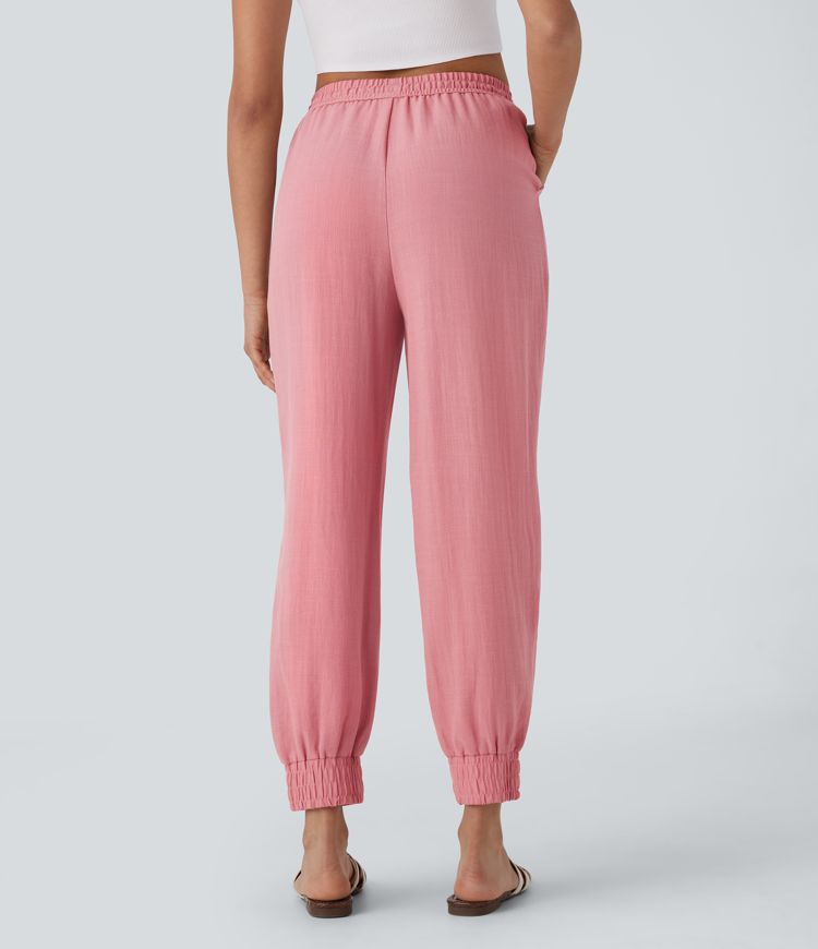 Lässige Jogger aus leinenähnlichem Material mit hohem Bund, Seitentaschen und Kordelzug