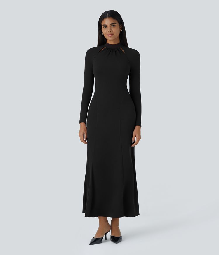 Stand Collar Cut Out Raglan Long Sleeve Maxi Waffle Casual Dress