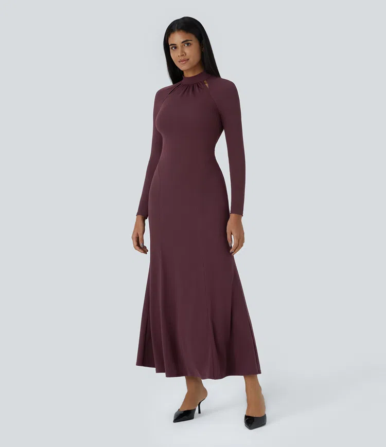 Stand collar ruched cutout raglan sleeve maxi waffle casual dress