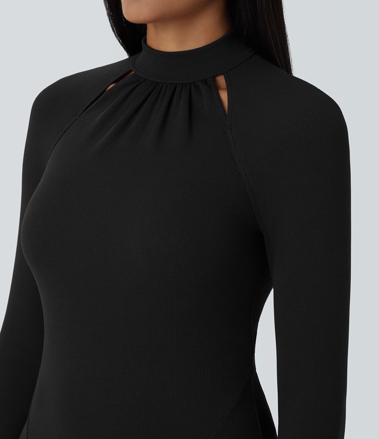 Stand Collar Cut Out Raglan Long Sleeve Maxi Waffle Casual Dress