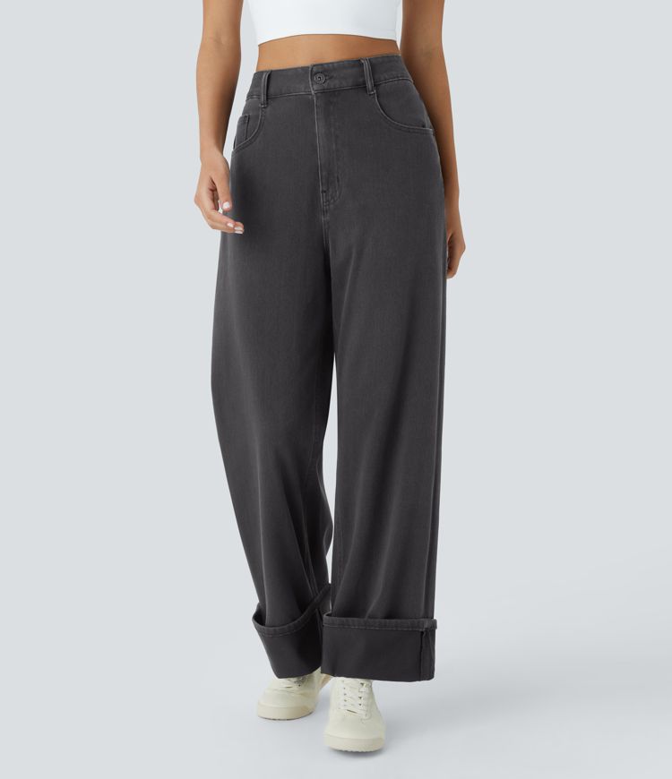 Halara Flex™ High Waisted Multiple Pockets Rolled Hem Wide Leg Herringbone Washed Stretchy Knit Casual Jeans