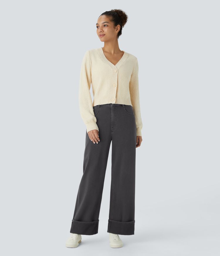 Halara Flex™ High Waisted Multiple Pockets Rolled Hem Wide Leg Herringbone Washed Stretchy Knit Casual Jeans
