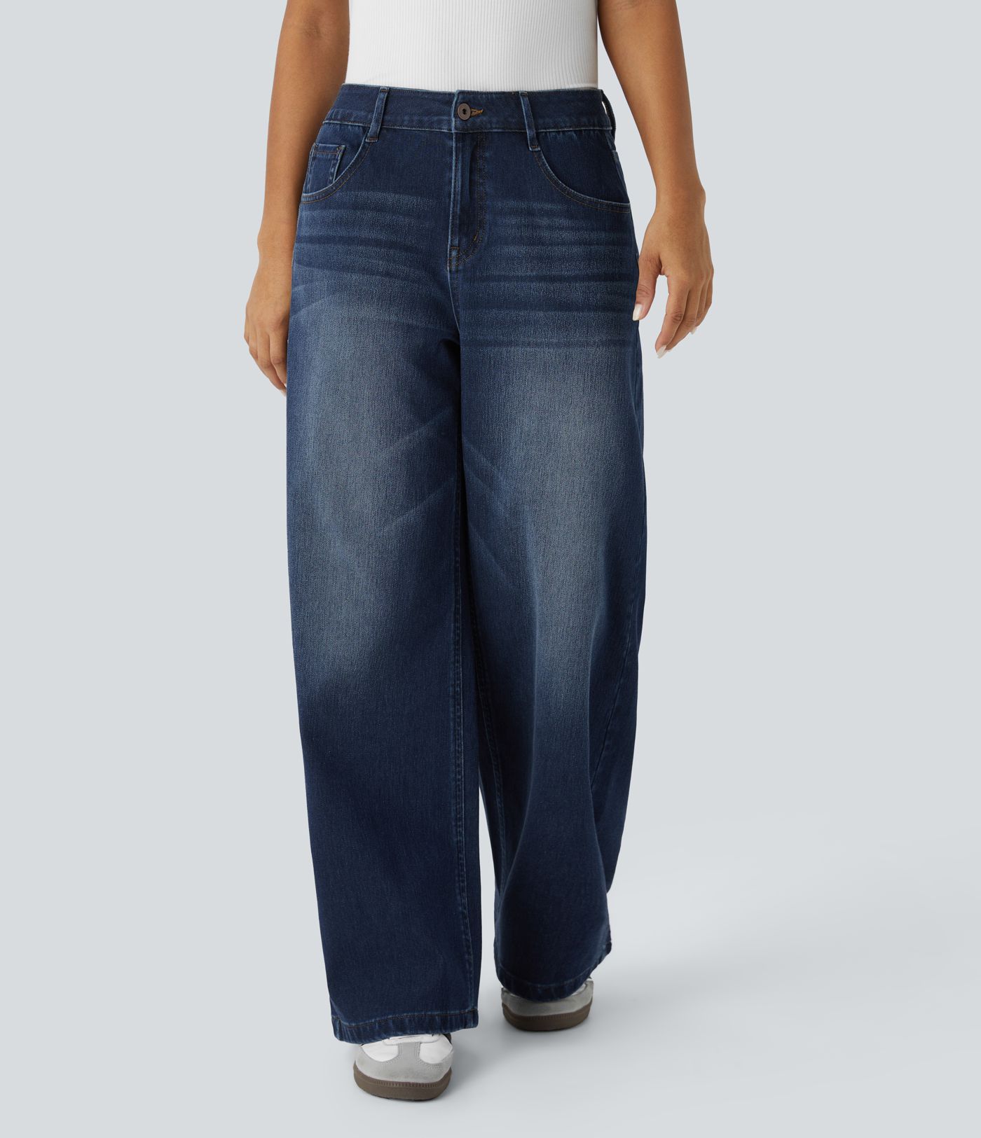 Halara Flex™ Low Rise Zipper Pockets Washed Baggy Wide Leg Casual Jeans