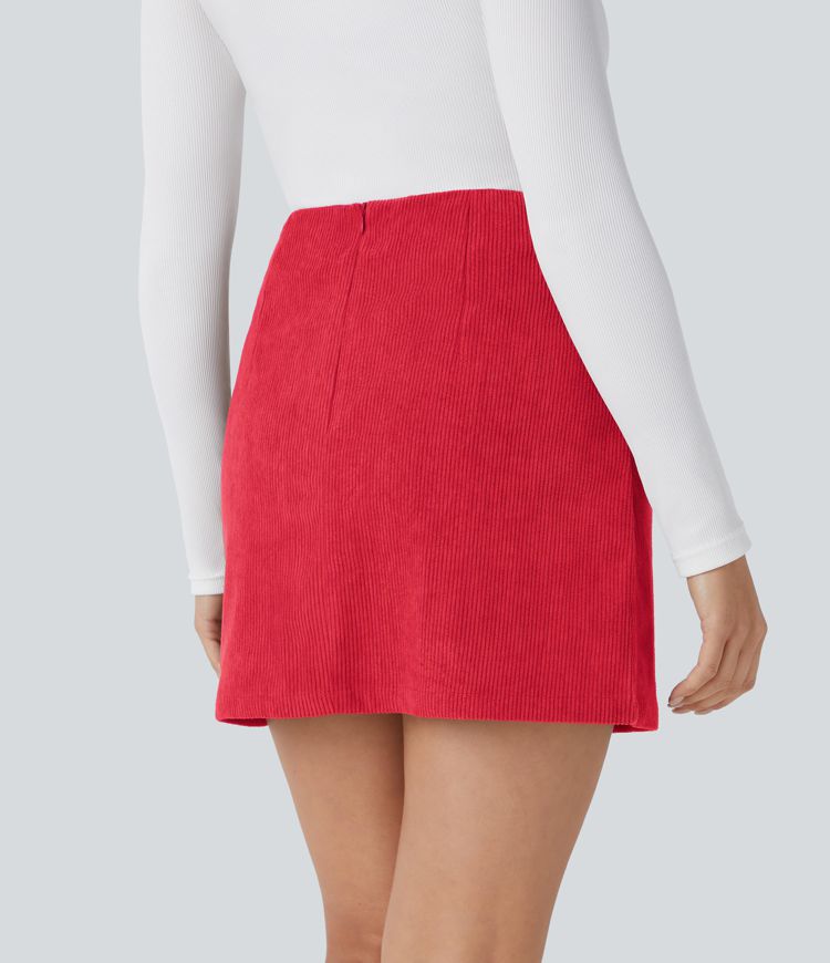High Waisted Invisible Zipper 2-in-1 A Line Mini Corduroy Casual Skirt-Longer Length
