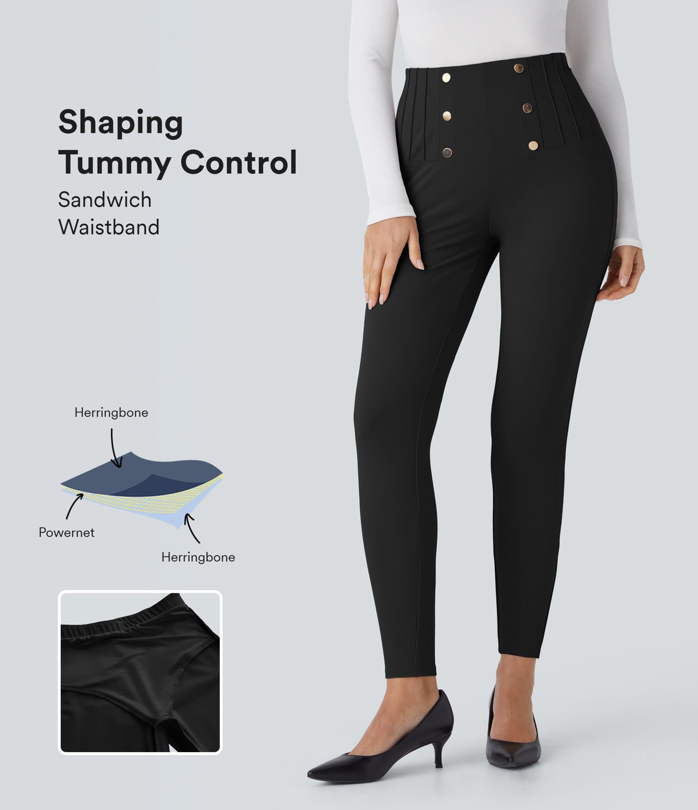 Arbeits-Leggings mit hohem Bund, Reißverschlusstaschen, dekorativer Knopfleiste, Bauchkontrolle und Fischgrätenmuster