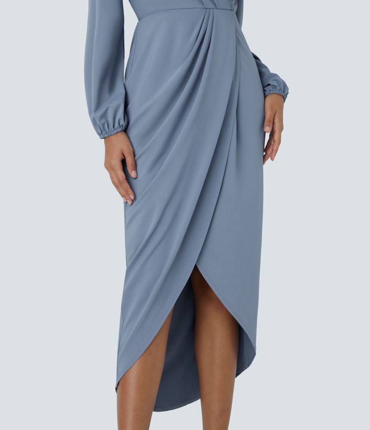 V-neck long sleeve tulip hem midi party dress