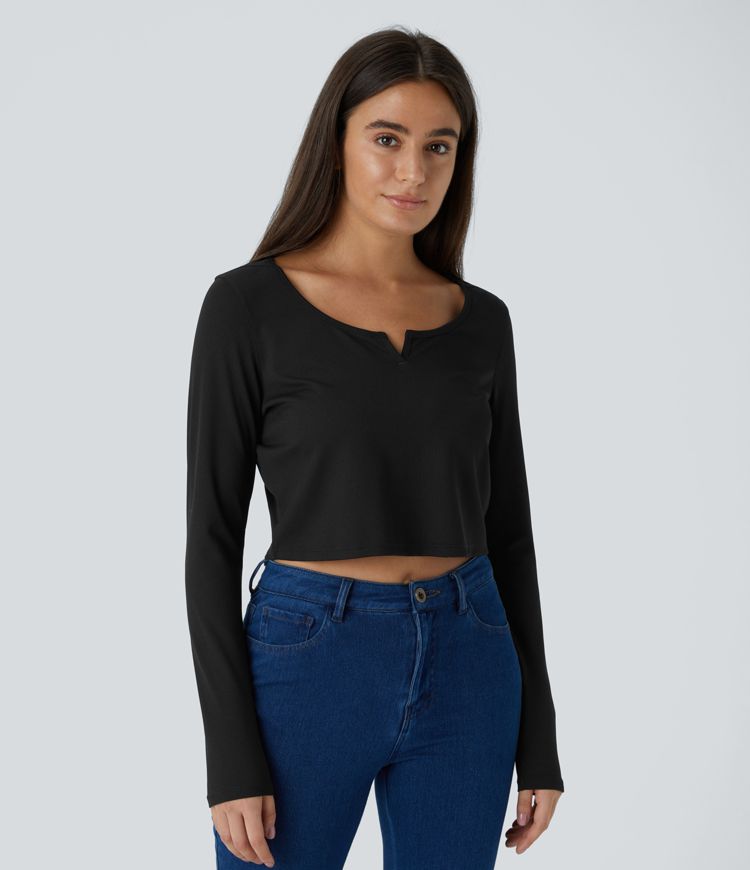 Ribbed Knit Notched Long Sleeve Cropped Casual Top