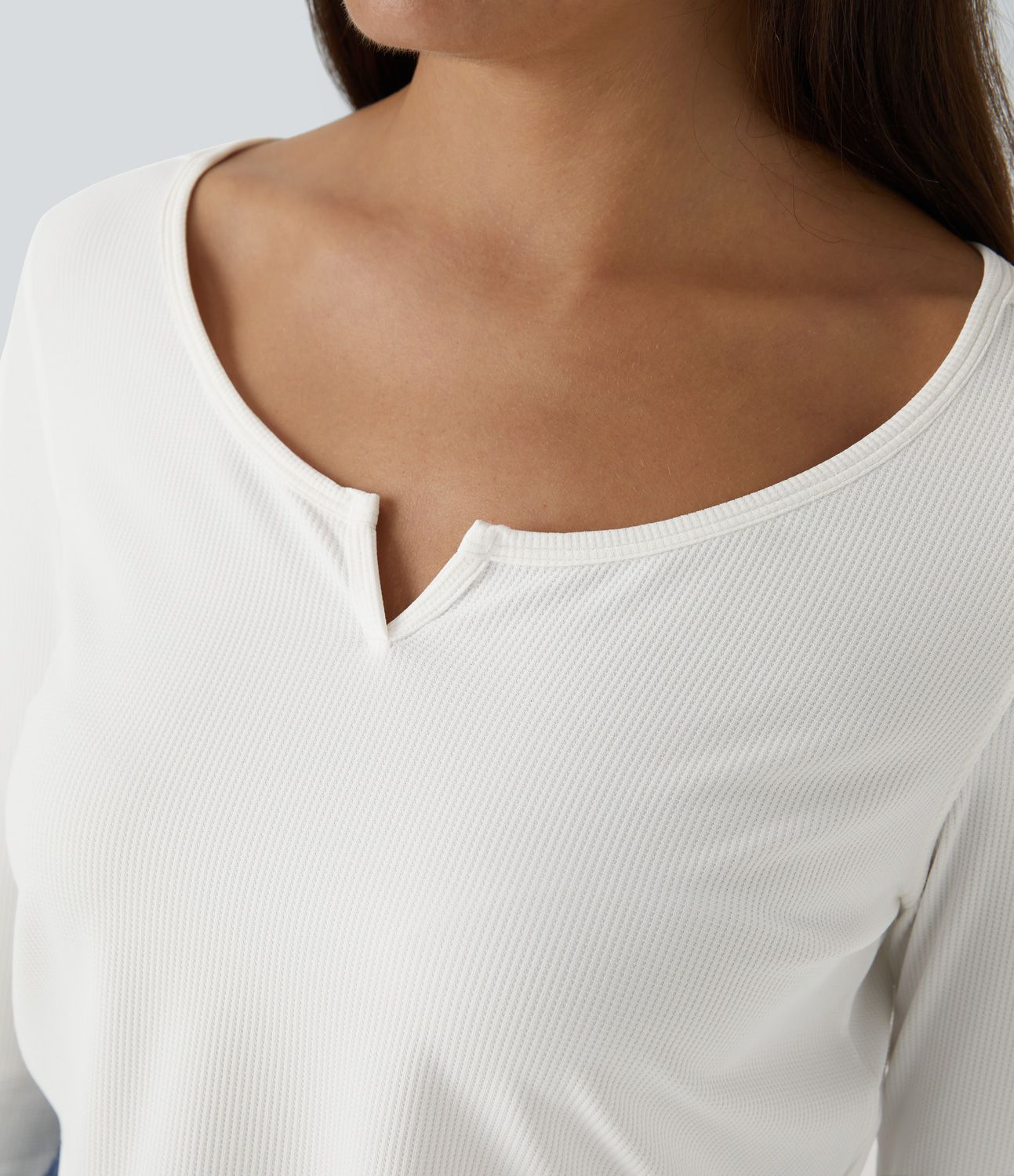 Rib Knit Notched Long Sleeve Cropped Casual Top