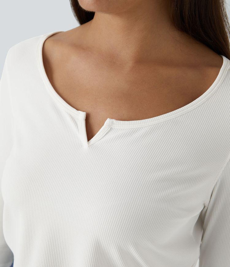 Rib Knit Notched Long Sleeve Cropped Casual Top