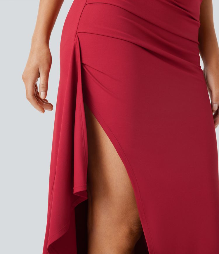 Robe longue de soirée 2-en-1 bustier froncée à volants avec fente