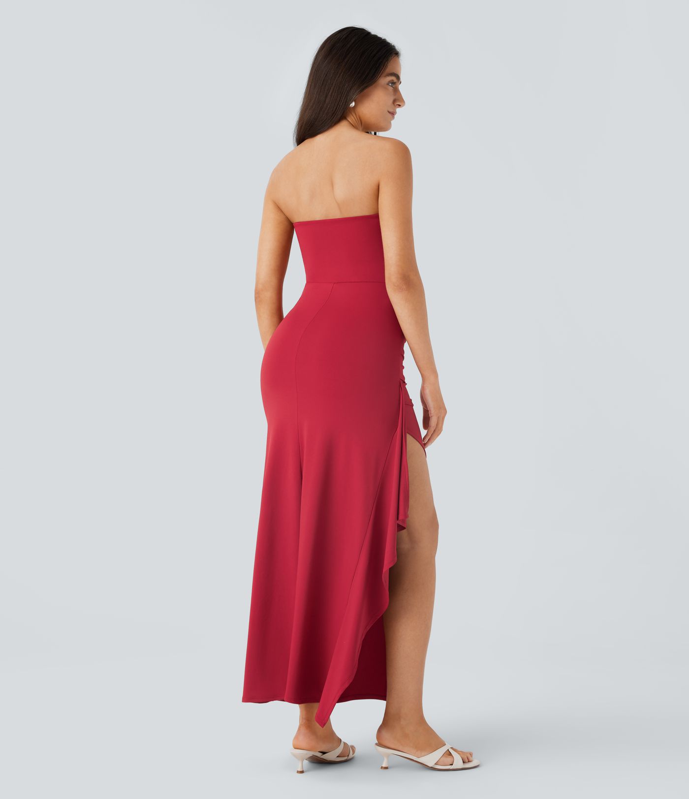 Robe longue de soirée 2-en-1 bustier froncée à volants avec fente