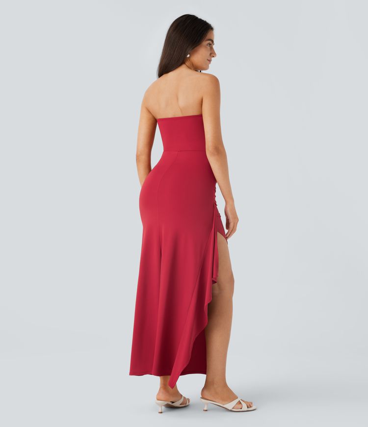 Robe longue de soirée 2-en-1 bustier froncée à volants avec fente