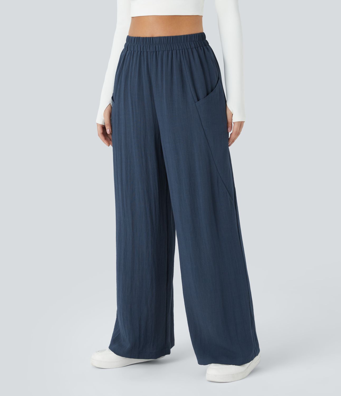 High Waist Side Pocket Wide Leg Casual Linen-Style Pants