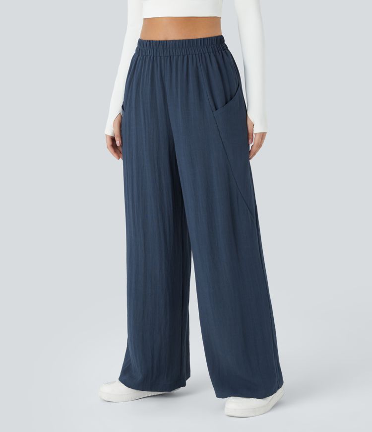 High Waist Side Pocket Wide Leg Casual Linen-Style Pants