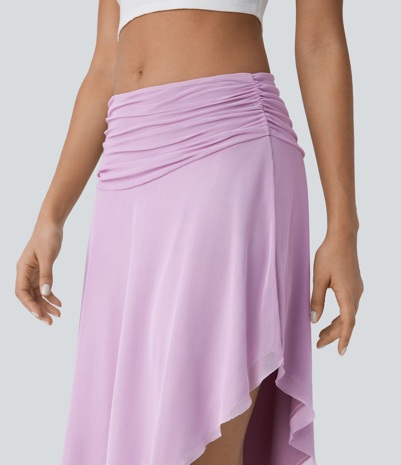 Low Rise Ruched Asymmetric Hem Mesh Overlay Flowy Midi Skirt