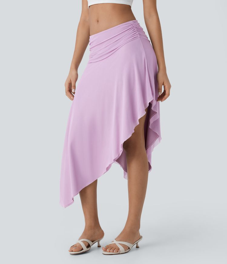 Low Rise Ruched Asymmetric Hem Mesh Overlay Flowy Midi Skirt