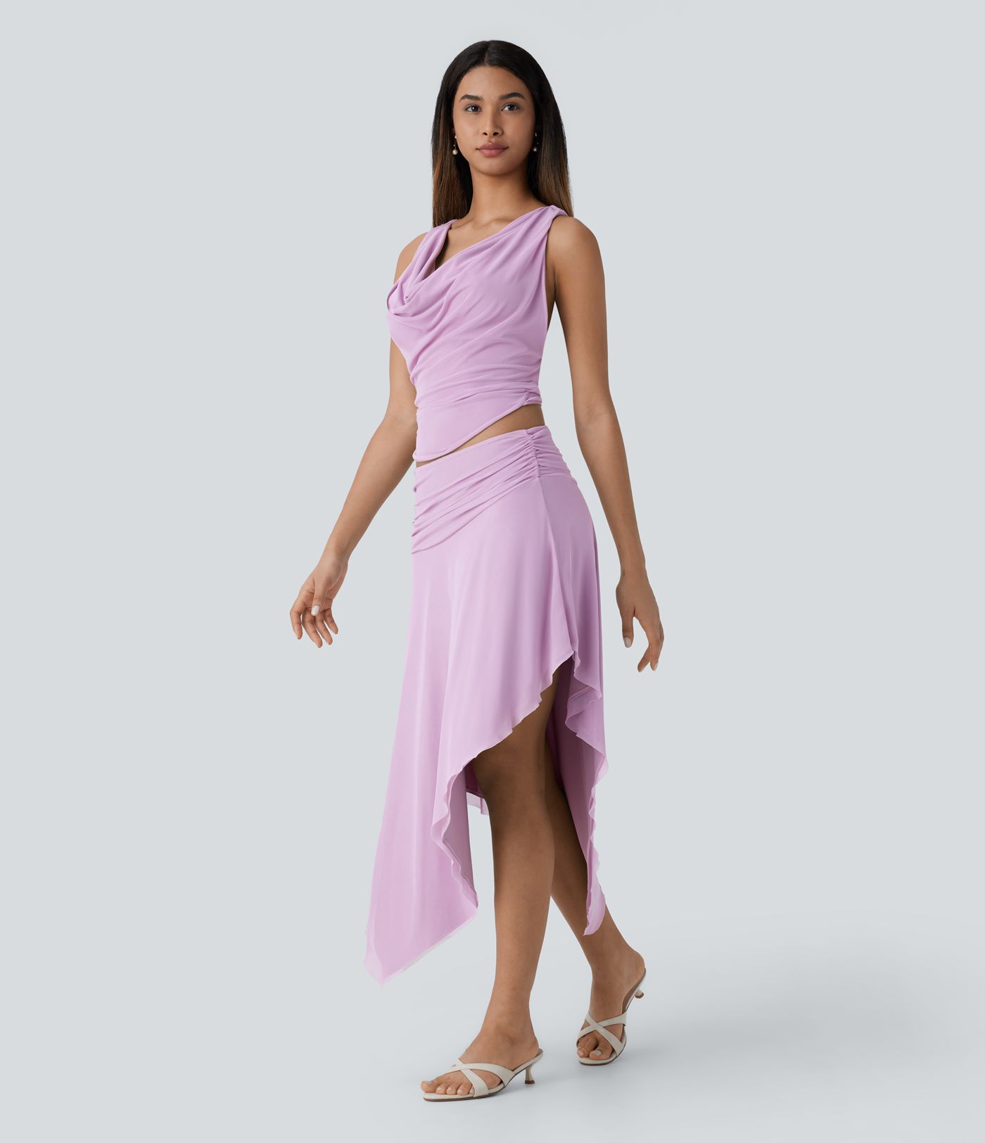 Low Rise Ruched Asymmetric Hem Mesh Overlay Flowy Midi Skirt