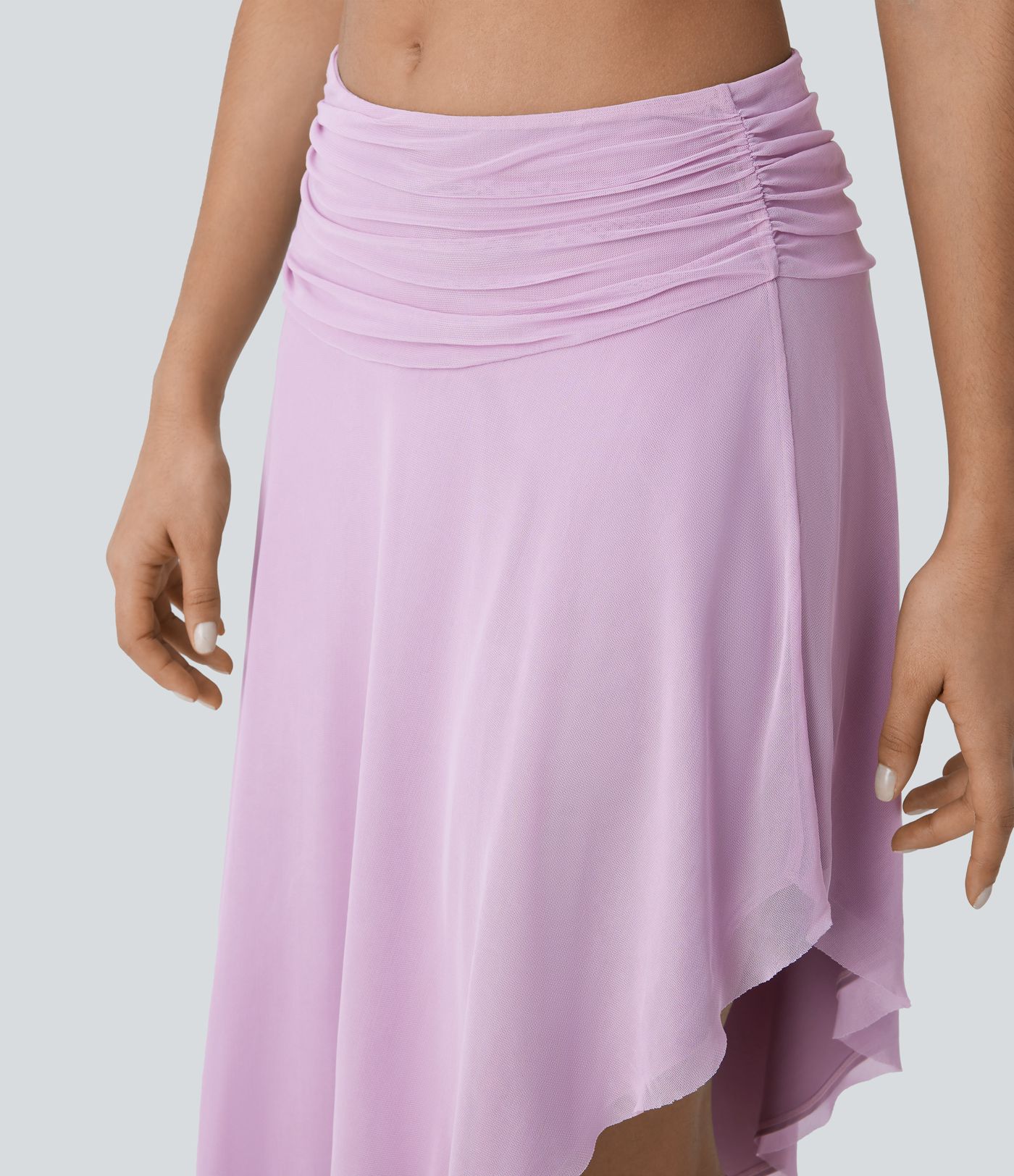 Low Rise Ruched Asymmetric Hem Mesh Overlay Flowy Midi Skirt