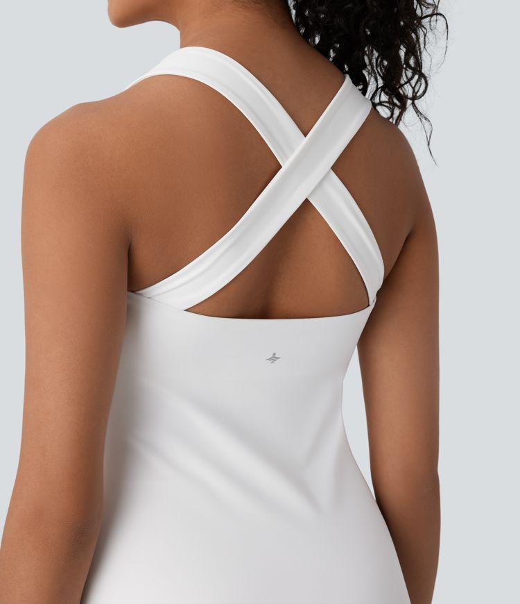 Softlyzero™ QuickDry Crisscross Backless Square Neck Sleeveless Side Pockets 2-Piece Mini Yoga Active Dress