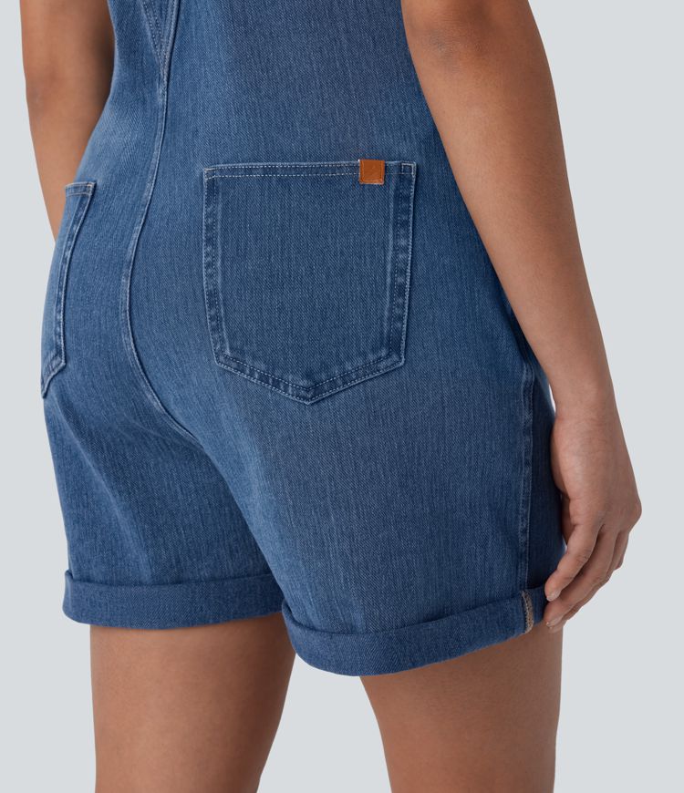 Overol Halara Flex™ Denim mezclilla elástica desgastado con dobladillo enrollado, tirantes ajustables y bolsillos