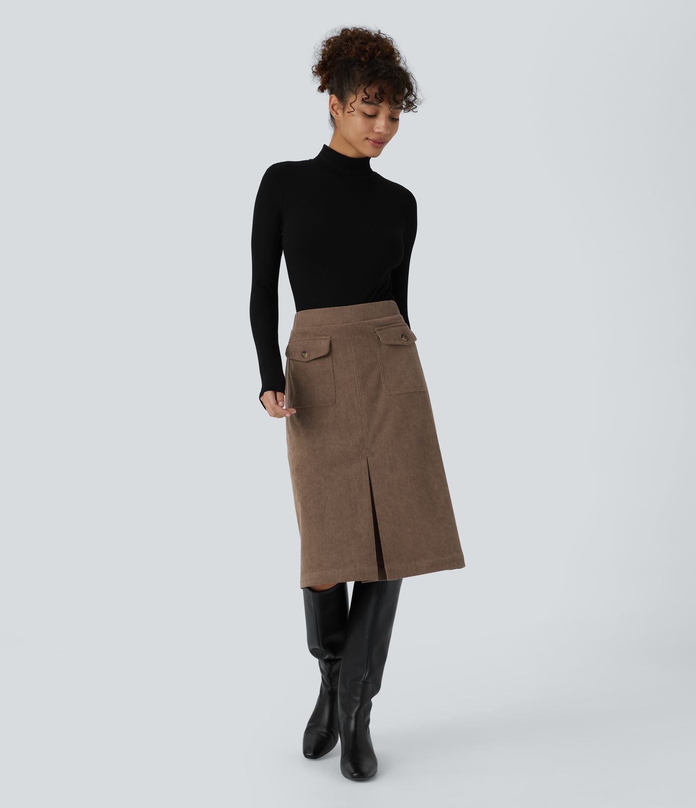 Mid Rise Front Side Flap Pocket Midi Corduroy Casual Skirt