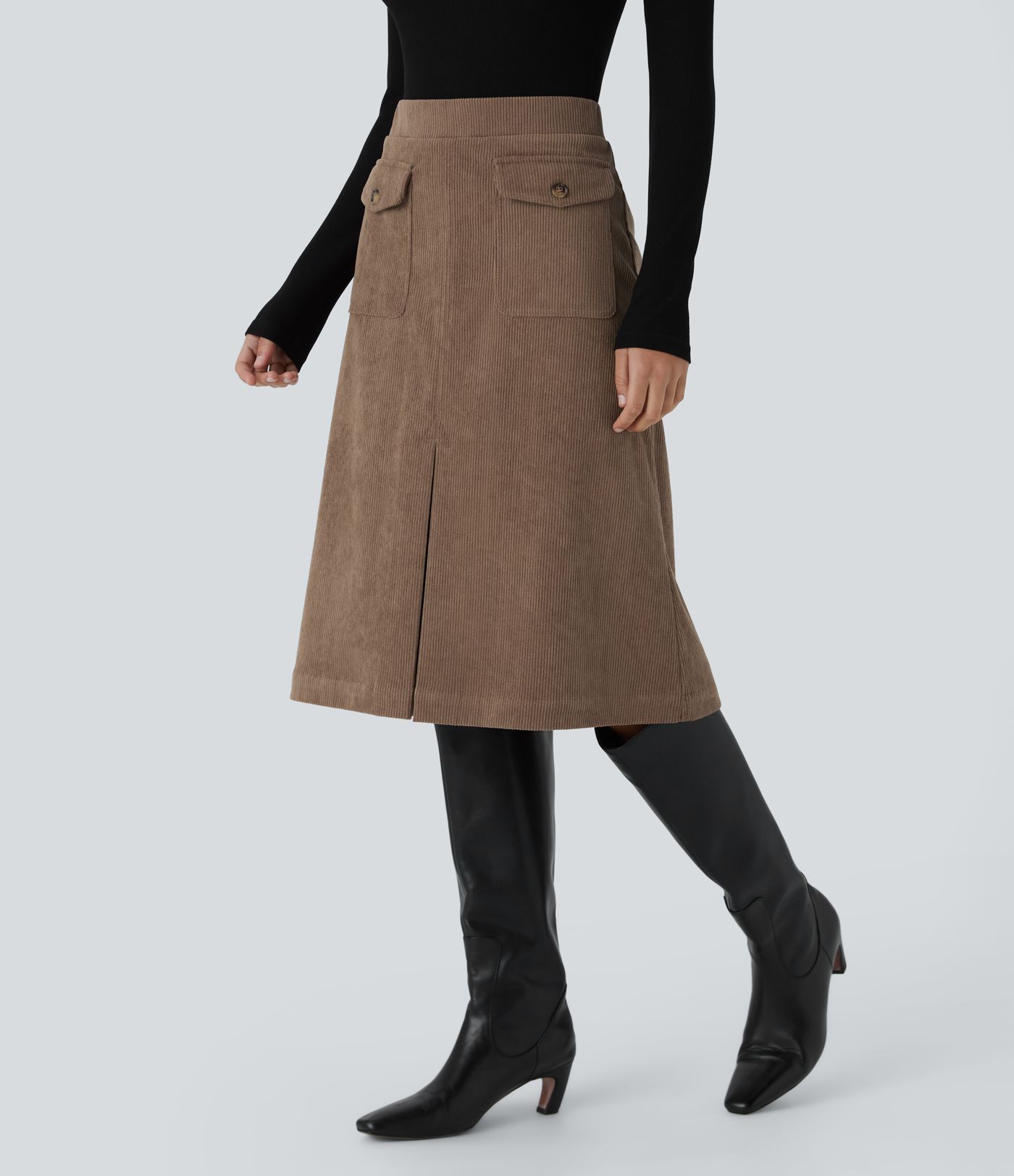 Mid Rise Front Side Flap Pocket Midi Corduroy Casual Skirt
