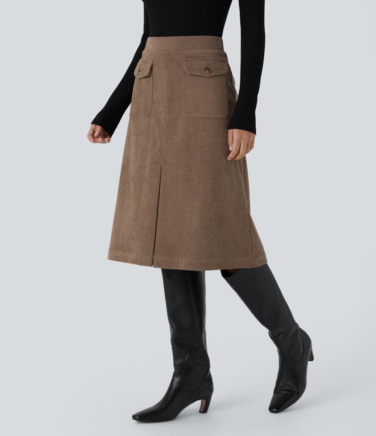Mid Rise Front Side Flap Pocket Midi Corduroy Casual Skirt