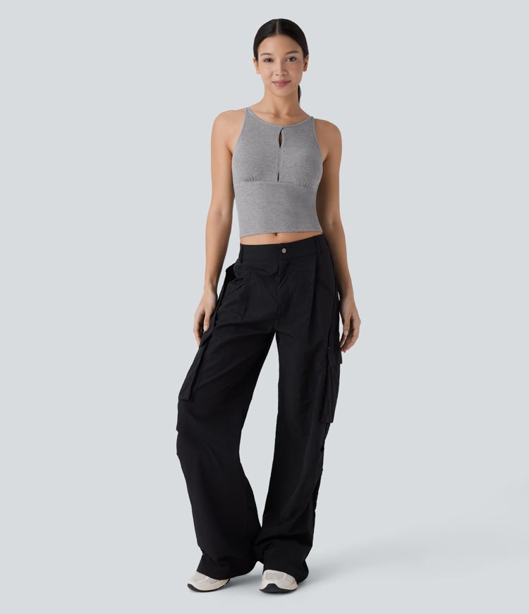 Hochelastisches, hautfreundliches, rückenfreies Yoga-Tanktop mit Rundhalsausschnitt, verstellbaren Trägern und Cut-Outs