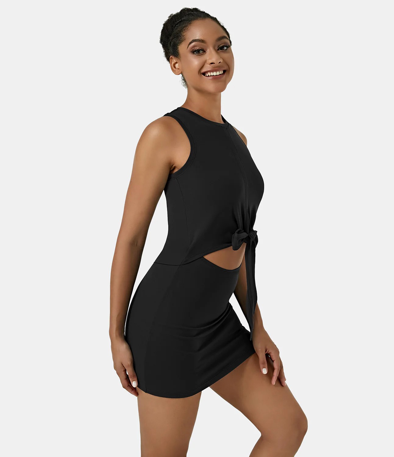 Sleeveless Cut Out Tie Back 2-Piece Pocket Mini Yoga Activity Dress