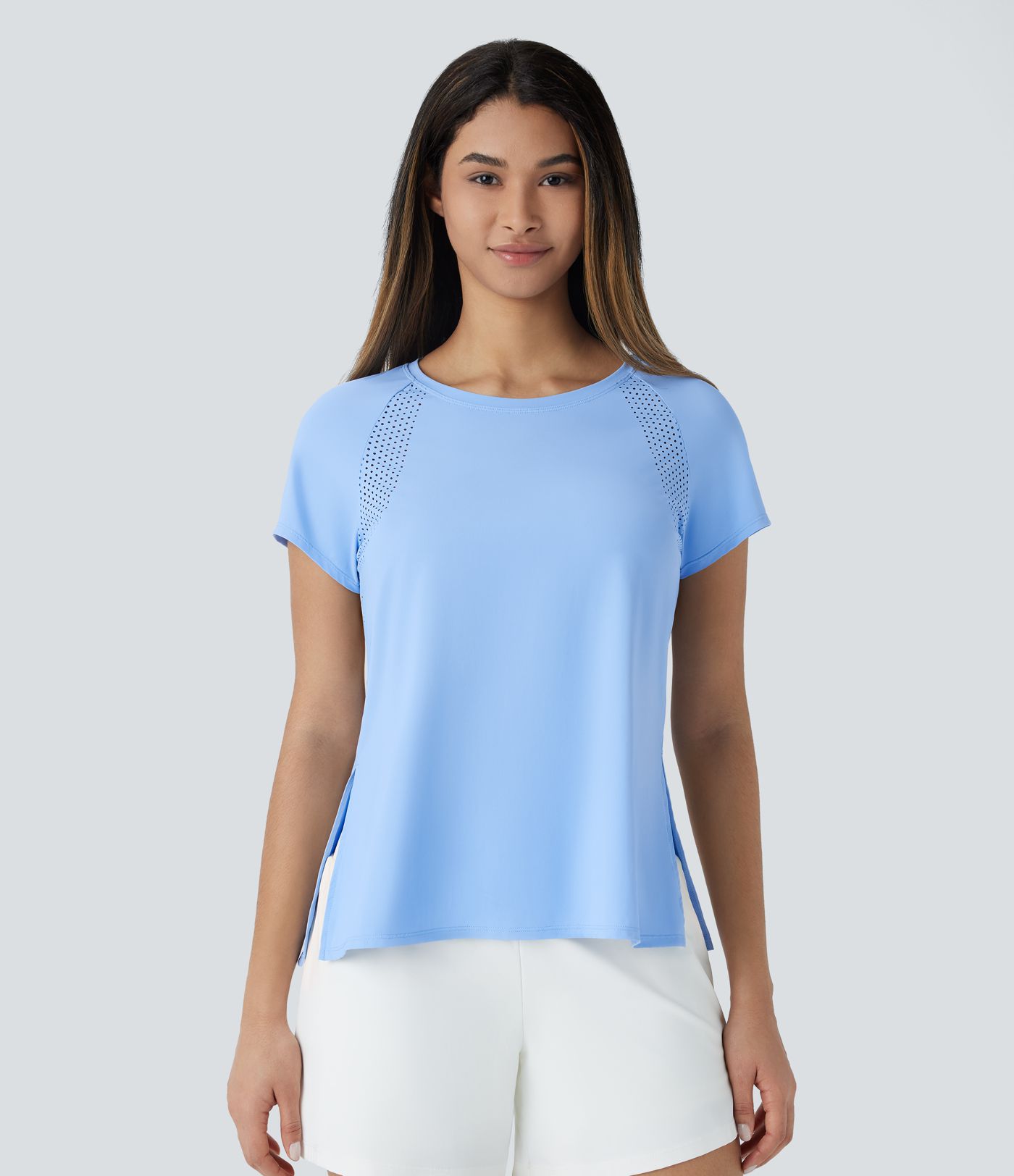 Boat Neck Short Sleeve Cut Out Cool Touch Workout Sports Top-UPF50+