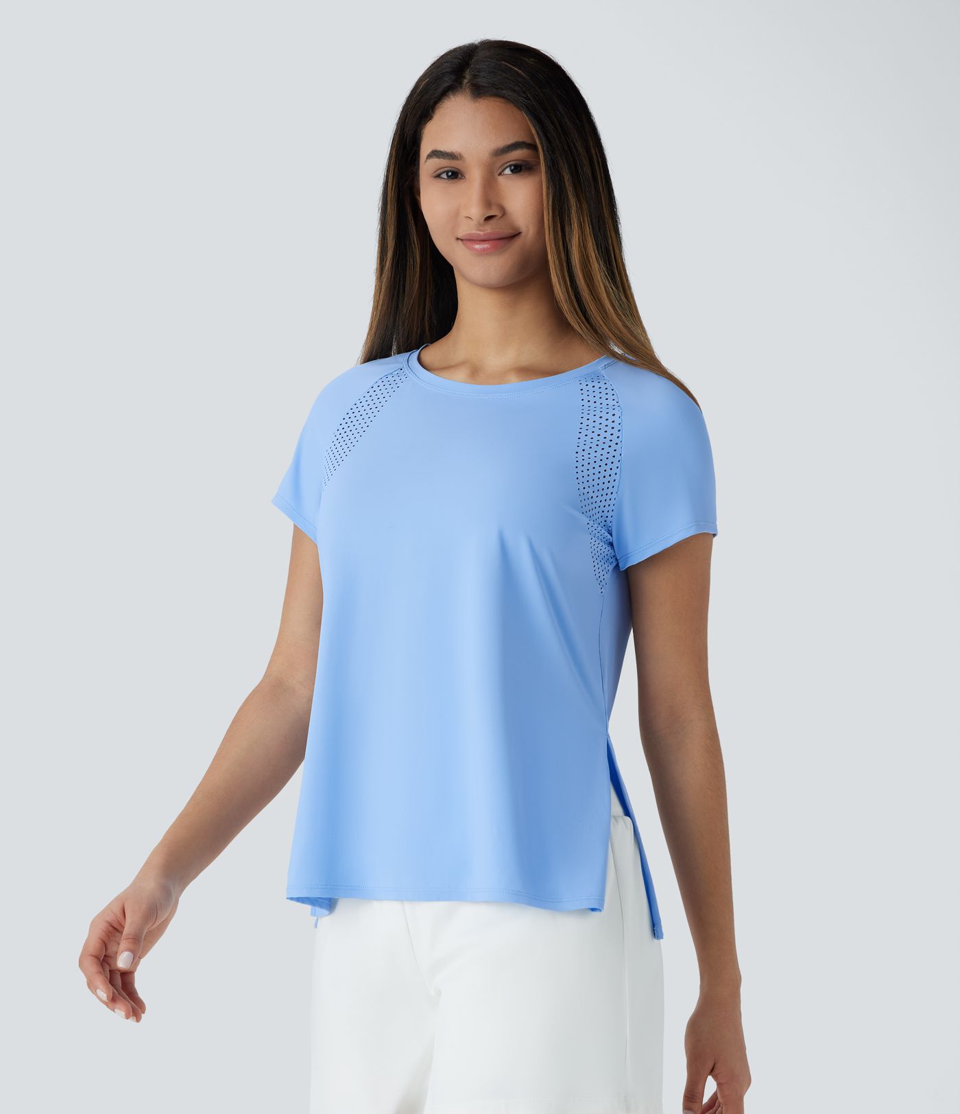 Boat Neck Short Sleeve Cut Out Cool Touch Workout Sports Top-UPF50+