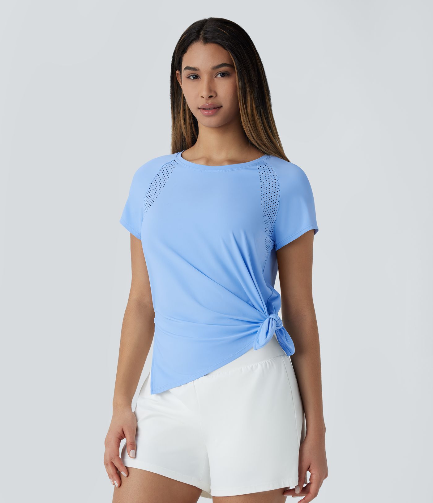 Boat Neck Short Sleeve Cut Out Cool Touch Workout Sports Top-UPF50+