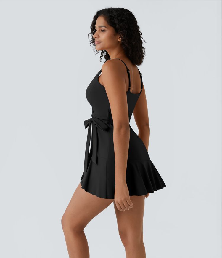 V Neck Backless Adjustable Strap Tie Side Ruffle 2-Piece Side Pocket Flowy Mini Casual Dress