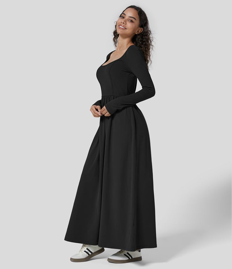 Vestido de algodón casual cuello en U sin espalda con lazos manga larga plisado longitud maxi