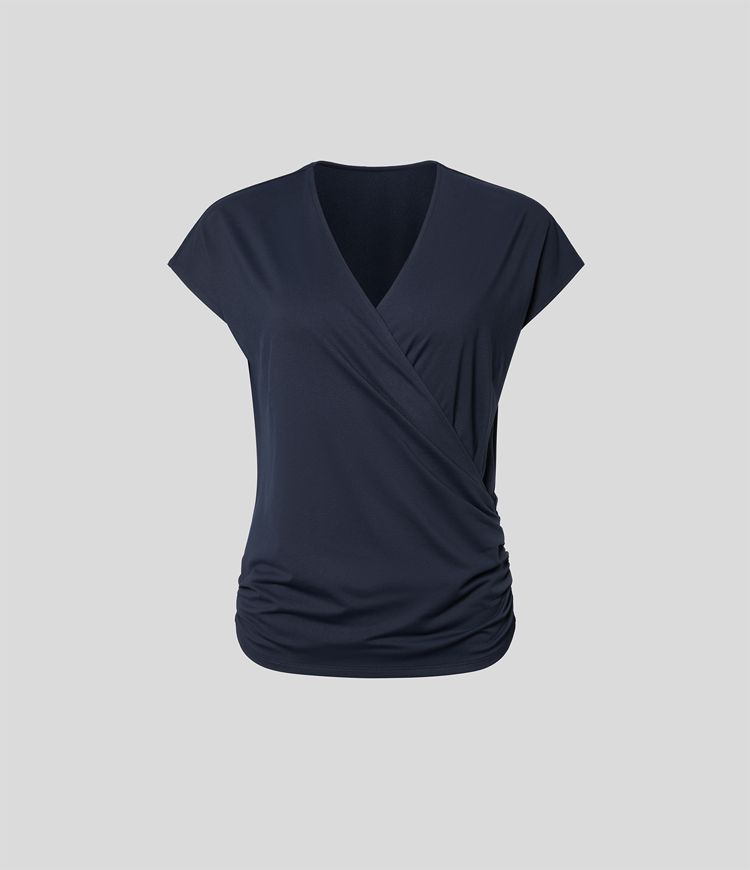 Blusa oficina sólida pliegue cruzado manga japonesa cuello V