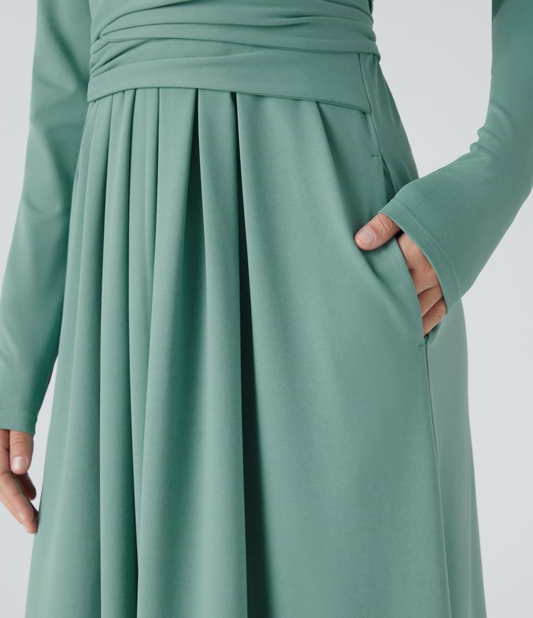 V-neck long-sleeve side pocket tie-back pleated casual dress