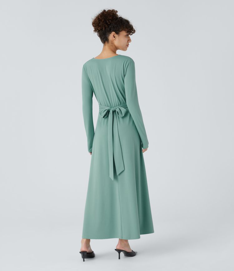 V-neck long-sleeve side pocket tie-back pleated casual dress