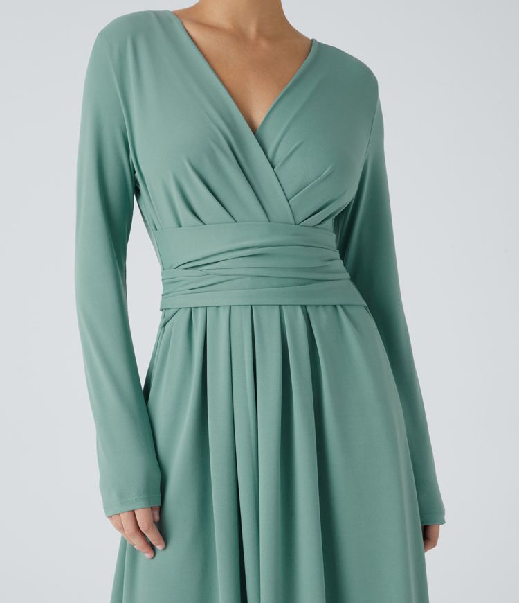 V-neck long-sleeve side pocket tie-back pleated casual dress