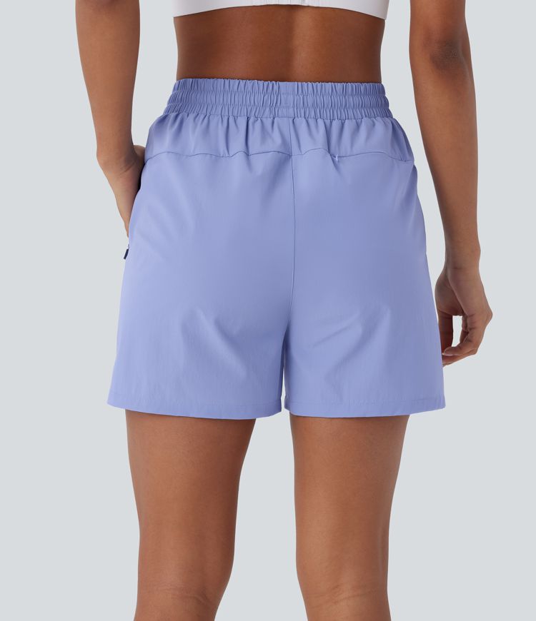 Water Repellent Wear-Resistant High Waisted Inside Drawstring Multiple Zipper Pockets Split Hiking Shorts