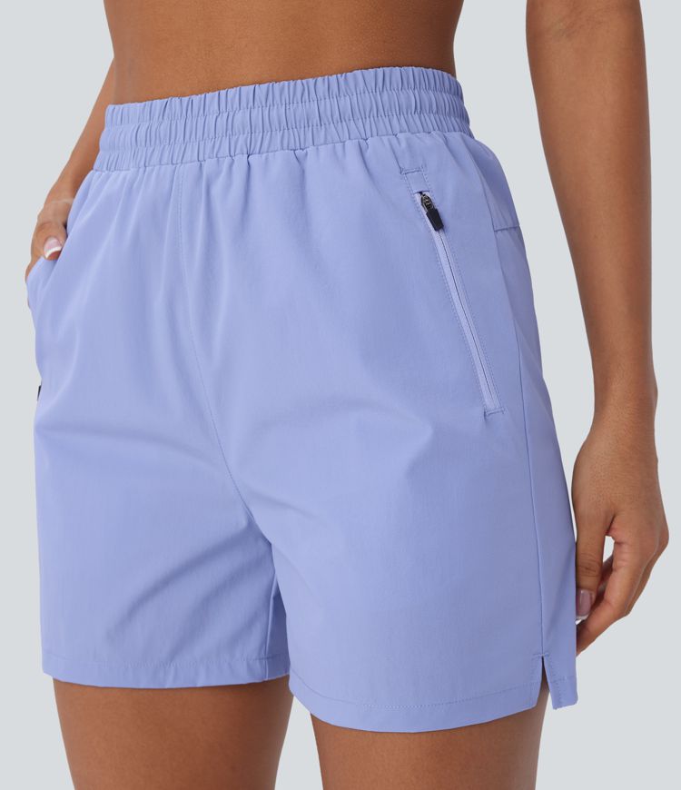 Water Repellent Wear-Resistant High Waisted Inside Drawstring Multiple Zipper Pockets Split Hiking Shorts