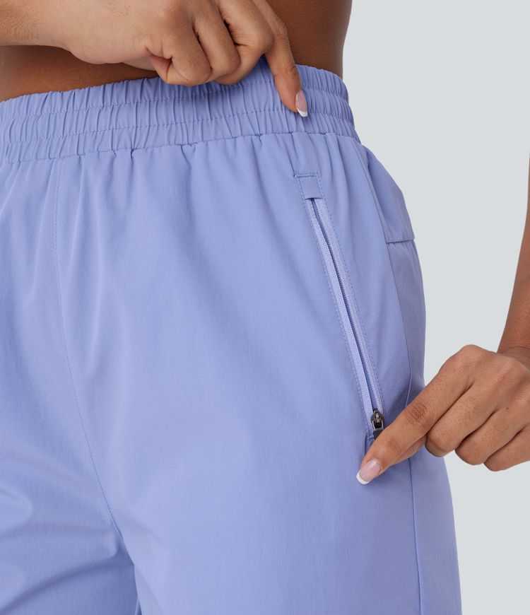 Water Repellent Wear-Resistant High Waisted Inside Drawstring Multiple Zipper Pockets Split Hiking Shorts