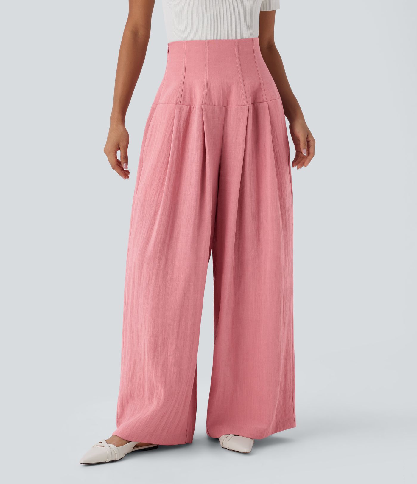 Halara Flex™ Super High Waisted Shirred Pockets Wide Leg Work Linen-Feel Trousers