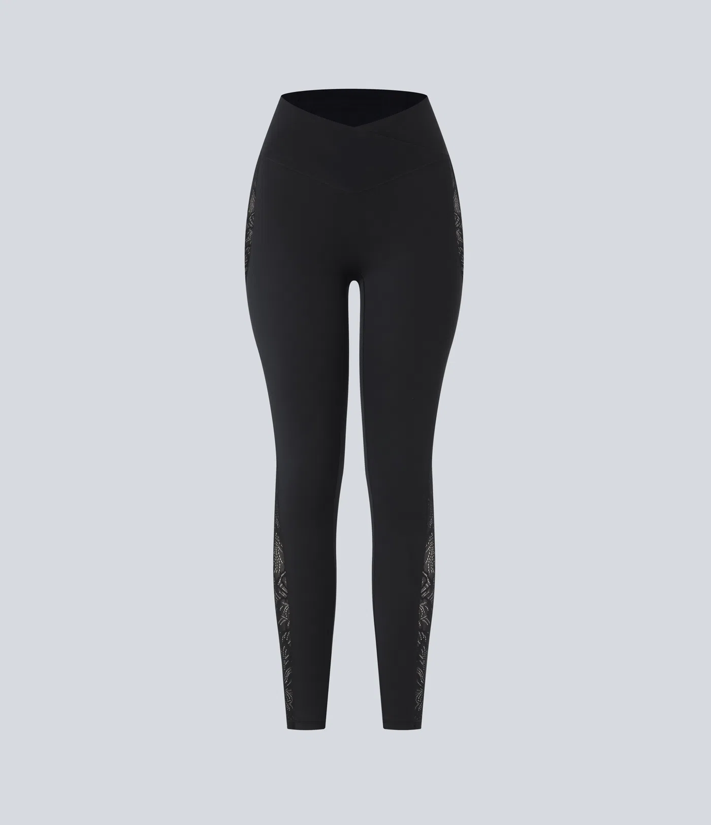 Softlyzero™ Yoga-Leggings mit hohem Bund und überkreuzter Spitze in Kontrastfarbe, Gesäßtasche, 7/8-Länge