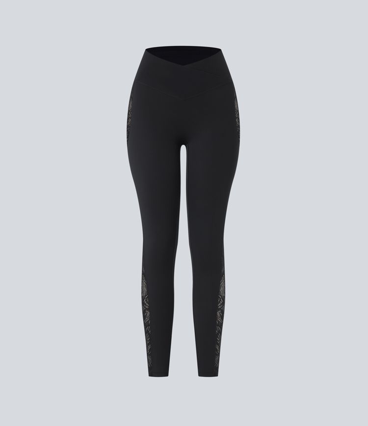 Softlyzero™ High Waisted Crossover Contrast Lace Back Pocket Yoga Leggings-UPF50+